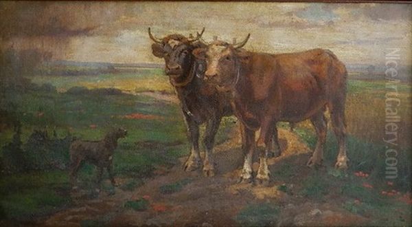 Cattle And Dog In Landscape Oil Painting by Georgia Timken Fry