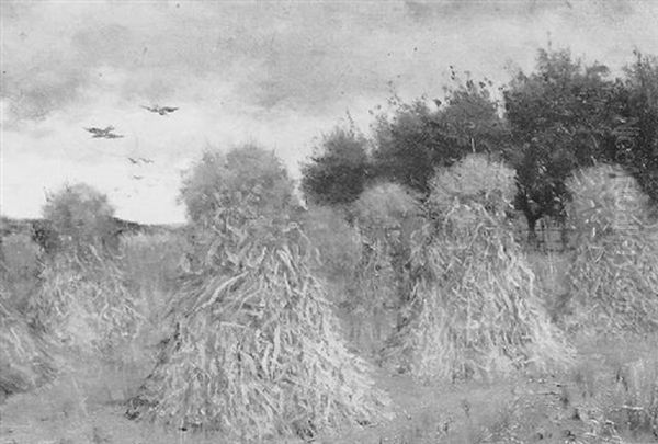 Haystacks Oil Painting by John Hemming Fry