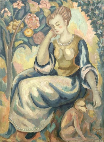 Woman And A Monkey In A Garden Oil Painting by Roger Fry