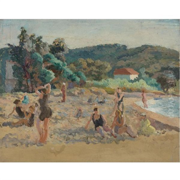 Beach At St. Tropez With Bathers Oil Painting by Roger Fry