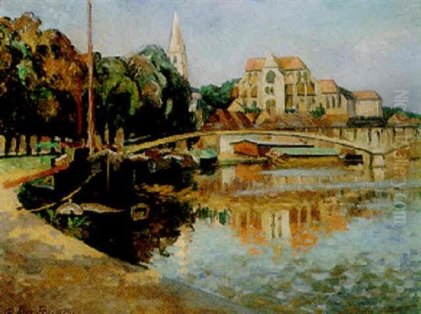 View Of A French Town On A River Oil Painting by Roger Fry