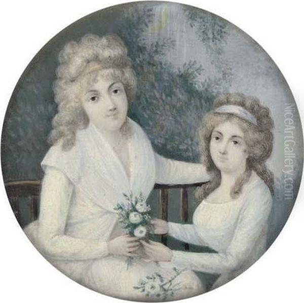 Two Sisters: One Seated In White Dress Holding Flowers; The Other In Pale Blue Dress Arranging Flowers; Garden Background Oil Painting by Louis Marie Autissier