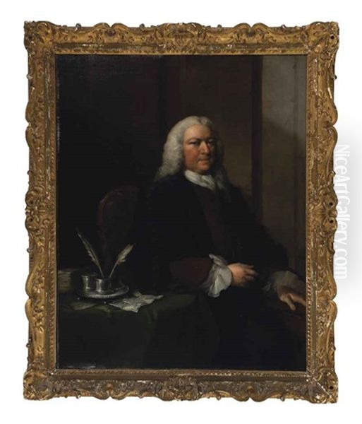 Portrait Of An Academic, Three-quarter Length, In A Brown Coat And Academic Gown, Leaning On A Table Oil Painting by Thomas Frye