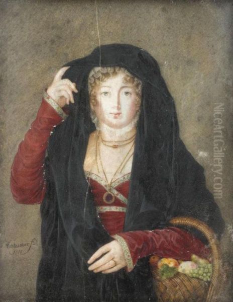 Portrait Of A Lady, Half Length, Holding A Basket Of Fruit Oil Painting by Louis Marie Autissier