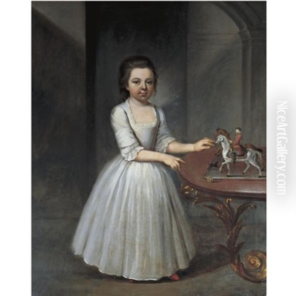 Portrait Of A Young Girl, Wearing A Grey Satin Dress, Standing By An Elaborate Roccoco Table With A Toy Soldier And Model Horses Oil Painting by Thomas Frye