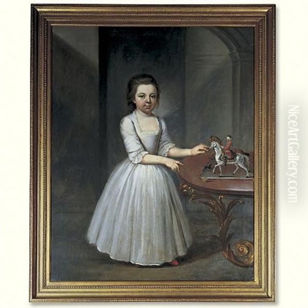 Portrait Of A Young Girl, Wearing A Grey Satin Dress, By An Elaborate Roccoco Table With Toy Soldiers Oil Painting by Thomas Frye