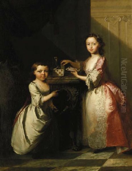 Portrait Of Two Young Children, The Elder Girl Building A House Of Cards On A Marble Topped Table, The Younger Child Playing With A Walking Stick, In An Interior Oil Painting by Thomas Frye