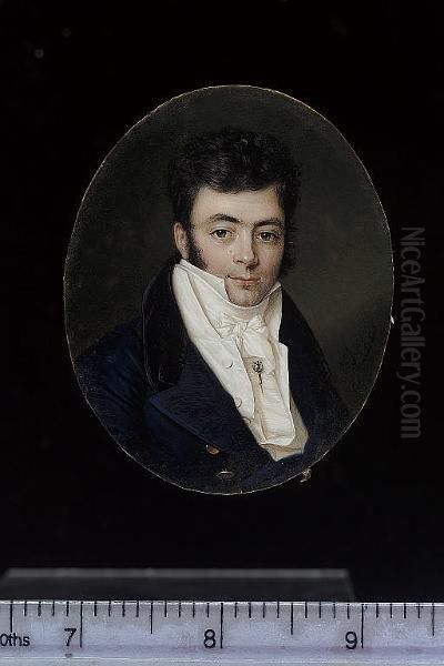 A Gentleman, Wearing Blue Coat With Black Velvet Collar And Large Brass Buttons, White Waistcoat, Frilled Shirt And White Stock Held With A Diamond Tie-pin Oil Painting by Louis Marie Autissier