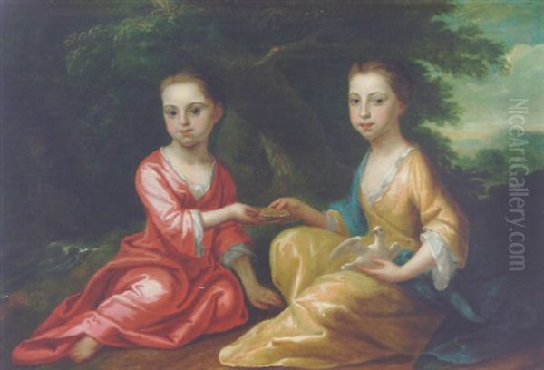 Portrait Of Two Children, One In A Red Dress, The Other In A Yellow Dress, Holding A Dish Of Water And A Dove Oil Painting by Thomas Frye