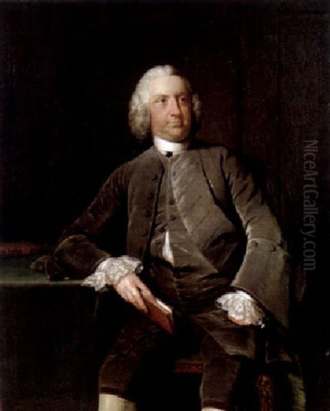 Portrait Of A Gentleman In A Grey Velvet Suit And Lace Cuffs, Holding A Book Beside A Table Oil Painting by Thomas Frye