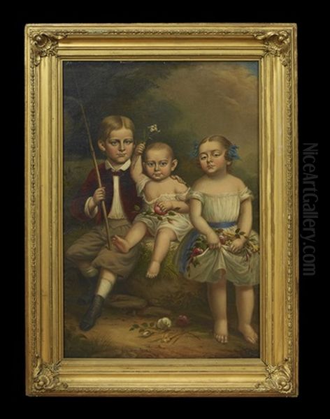 Portrait Of Three Siblings In A Springtime Landscape Oil Painting by William Frye