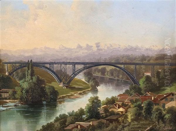 Eisenbahnbrucke Uber Die Aare Bei Bern Mit Berner Oberland Alpenkette Oil Painting by Carl Fuchs