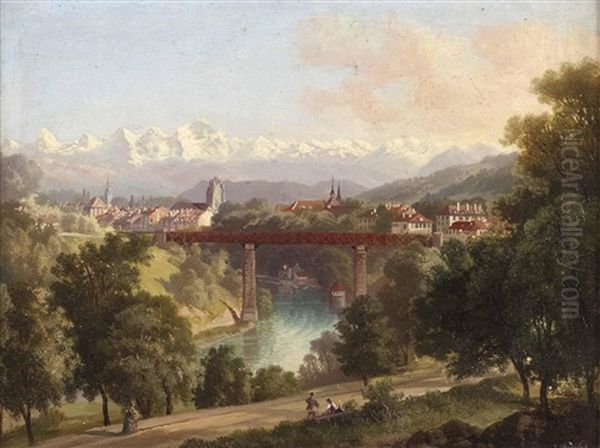 Ansicht Der Stadt Bern Vor Berner Oberland-alpenkette Mit Brucke Uber Die Aare Oil Painting by Carl Fuchs