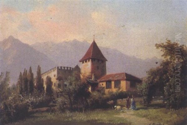 Burg Rubain Bei Meran Mit Figurenstaffage Oil Painting by Carl Fuchs