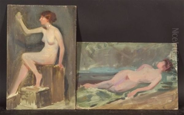 Study Of Female Nude (+ 4 Others; 5 Works) Oil Painting by Emile Fuchs