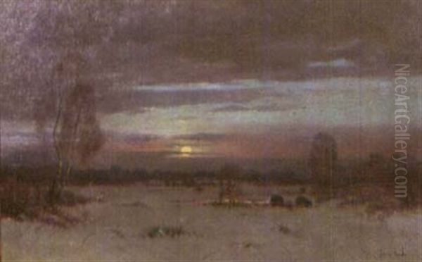 Romantische Winterlandschaft Mit Wildschweinrotte Im Gegenlicht Der Abendsonne Oil Painting by Franz Fuchs