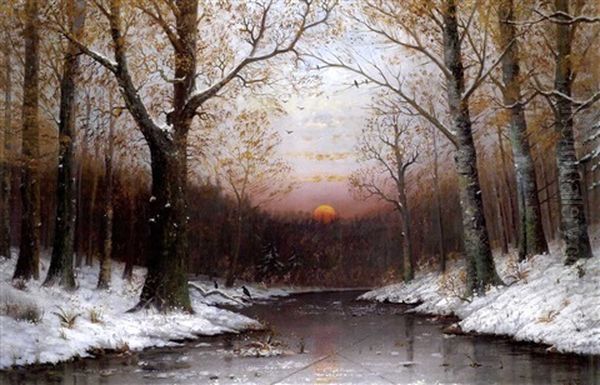 Untergehende Wintersonne Uber Verschneitem Waldbach Oil Painting by Therese Fuchs