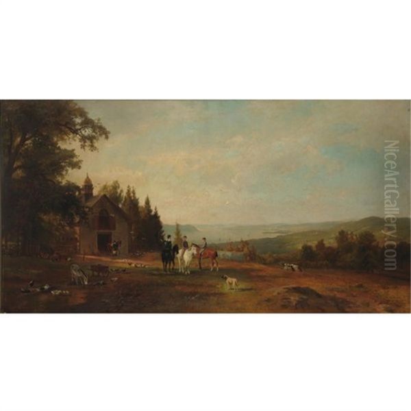 Hudson River Landscape With Equestrian Group Oil Painting by Hermann Fuechsel