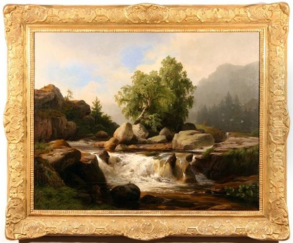 Cascading River In The Mountains Oil Painting by Hermann Fuechsel