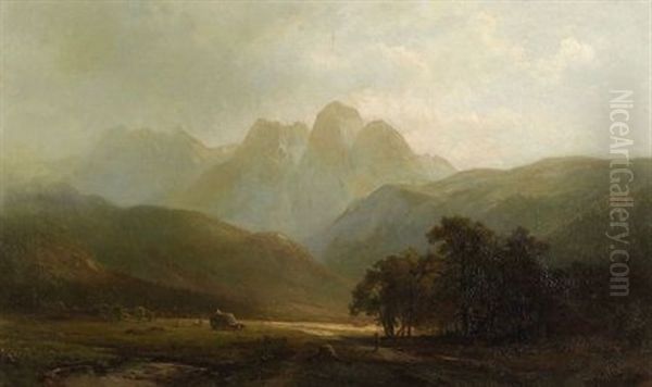 Haying In The Valley Oil Painting by Hermann Fuechsel