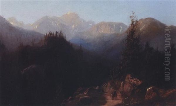 Two Travelers Beneath Snowcapped Mountains Oil Painting by Hermann Fuechsel