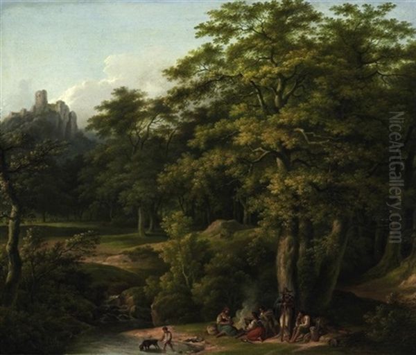 Rastendes Landvolk In Waldlandschaft Oil Painting by Christian Friedrich Fues