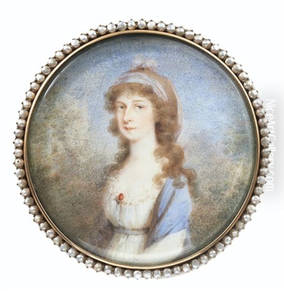 Portrait De Femme A La Robe Blanche Et Au Chale Bleu Oil Painting by Friedrich Heinrich Fueger