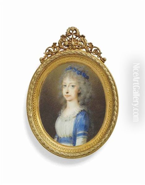 Archduchess Maria Clementine Of Austria (1777-1801) In Blue Surcoat Over White Dress, Blue Floral Wreath In Her Powdered Hair Oil Painting by Friedrich Heinrich Fueger