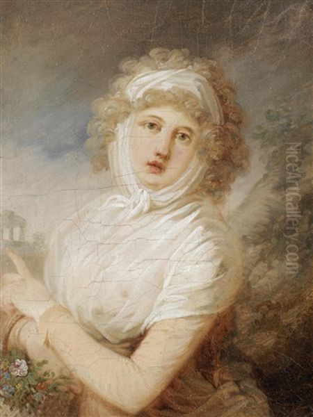 Portrait Of A Young Woman In A Yellow Dress With A White Shawl And Holding A Basket Of Flowers Oil Painting by Friedrich Heinrich Fueger