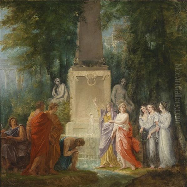 Dichter Trinken Am Kastalischen Quell Das Wasser Der Wahrheit, Entwurf Fur Einen Theatervorhang Oil Painting by Friedrich Heinrich Fueger