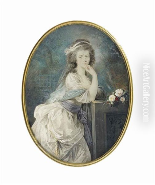 Ursula Kaczkowska, In White Dress With Lilac Sash, Pale Blue Shawl Draped Around Her Shoulders Oil Painting by Friedrich Heinrich Fueger