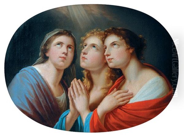 Die Andacht (drei Weibliche Figuren In Betender Haltung, Den Blick Gegen Den Himmel Gerichtet) Oil Painting by Friedrich Heinrich Fueger