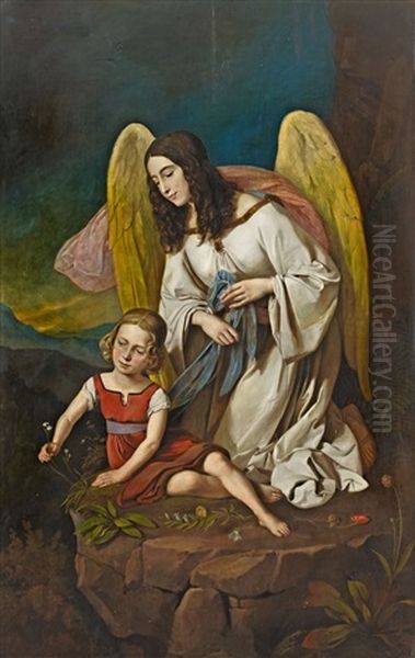 Little Girl With Guardian Angel Oil Painting by Josef von Fuehrich