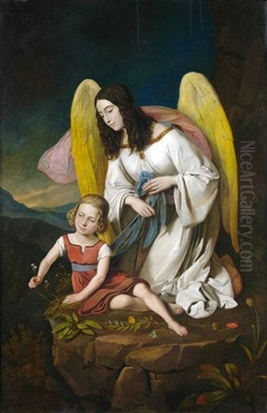 Ein Kleines Madchen Mit Ihrem Schutzengel Oil Painting by Josef von Fuehrich