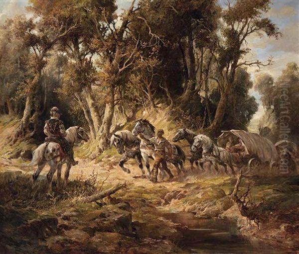 Landsknechte Mit Fuhrwerk Ziehen Durch Einen Lichtdurchfluteten Wald Oil Painting by Max Fuhrmann