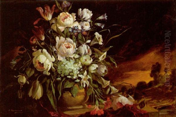 Blumenbouquet Vor Tiefer Landschaft Oil Painting by Max Fuhrmann