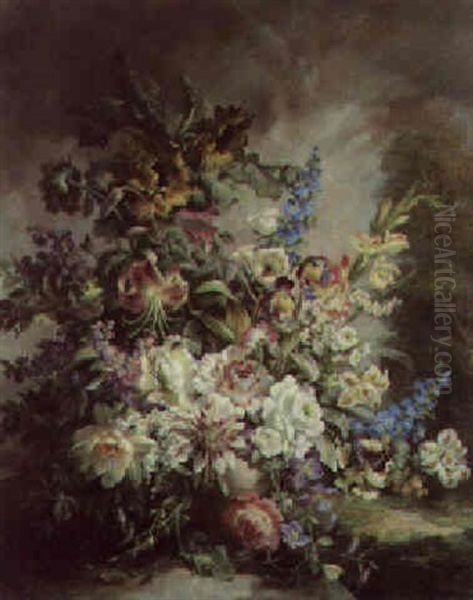 Flowers In An Urn With Wooded Landscape Oil Painting by Max Fuhrmann