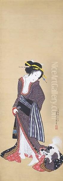 A Geisha Pulling The Hem Of Her Kimono Away From Her Pet Chin Dog Oil Painting by Kitagawa Fujimaro