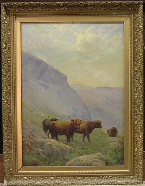 Highland Cattle By A Loch (+cattle In The Scottish Highlands; 2 Works) Oil Painting by Edmund George Fuller