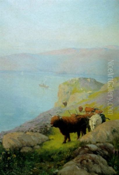 Highland Cattle High Above A Loch Side Oil Painting by Edmund George Fuller