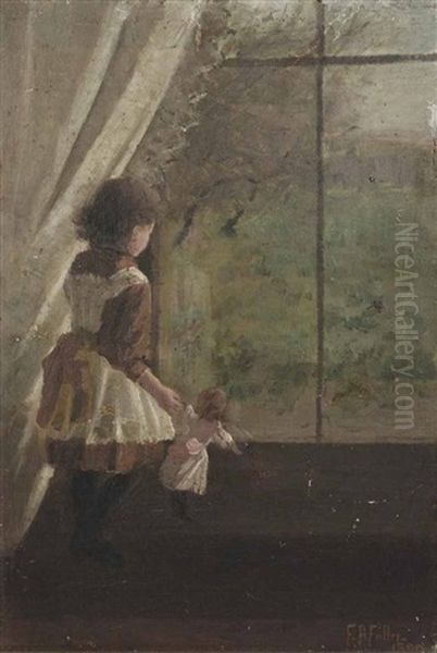 Girl With Doll Oil Painting by Florence Ada Fuller