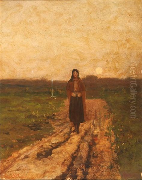 Woman Walking Down A Country Lane At Sunset And Portrait Of A Woman In Profile : A Double-sided Work Oil Painting by George F. Fuller