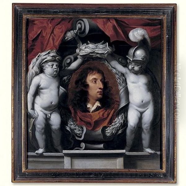 Portrait Of A Royalist General (the Earl Of Sandwich?) Supported By Putti Dressed As Minerva And Hercules Oil Painting by Isaac Fuller