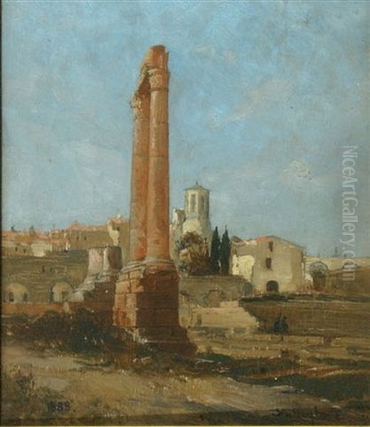 Continental Landscape With Classical Ruined Columns Oil Painting by John Fulleylove