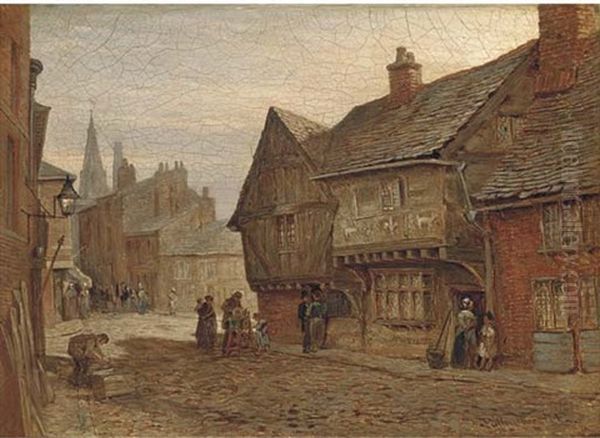 Figures On A Cobbled Street (+ A Church Interior; Pair) Oil Painting by John Fulleylove