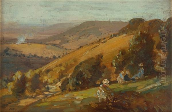 Picnic On The Downs Oil Painting by Albert Henry Fullwood