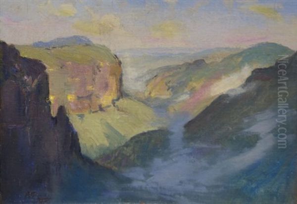 Over The Hills And Far Away (blue Mountains) Oil Painting by Albert Henry Fullwood