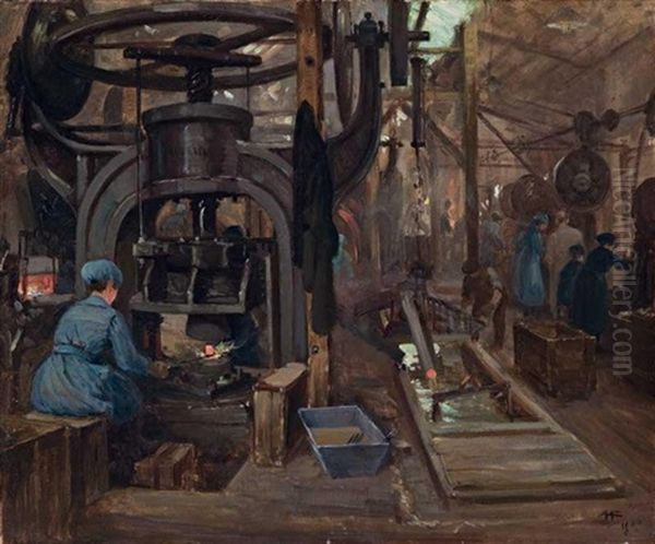 Women's War Work: The Foundry Oil Painting by Albert Henry Fullwood