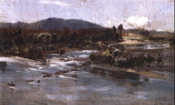 Cattle Crossing The Clarence River Oil Painting by Albert Henry Fullwood