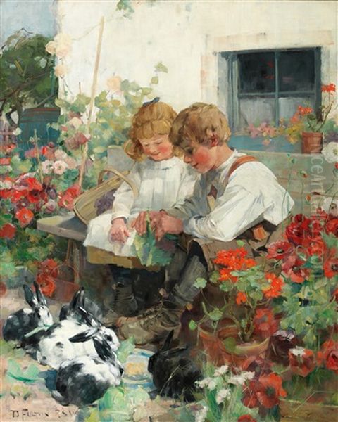 Siblings Feeding Rabbits Oil Painting by David Fulton